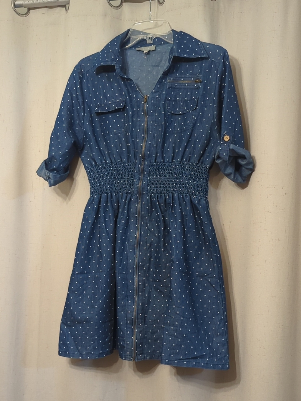 Smocked Waist Chambray Polka Dot Dress - Blue